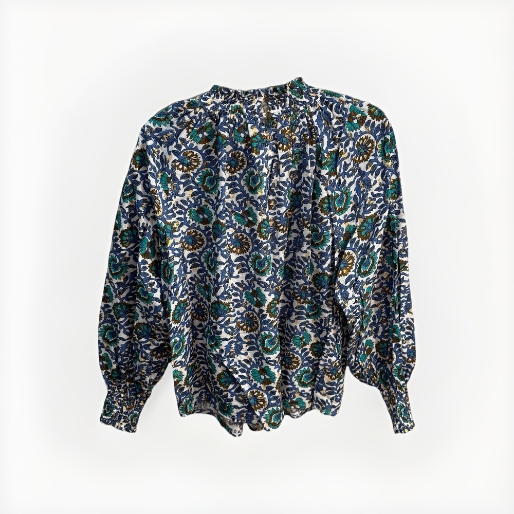 Oliphant Floral Print Smocked Neck Long Sleeve Tunic in Blue, Green, Gold - Picture 8 of 11